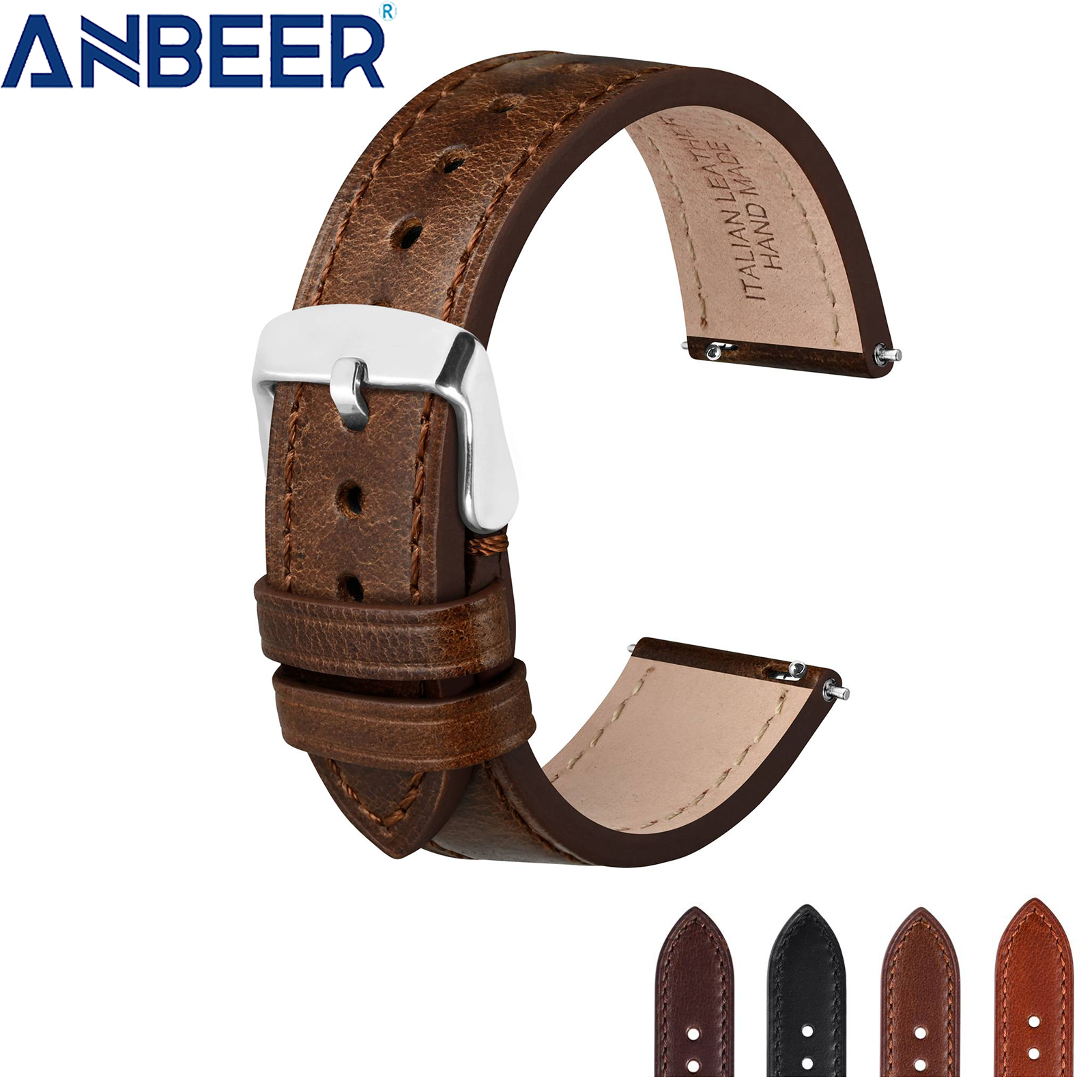 Leather Strap Quick Release - ANBEER Classic Leather Watch Strap, 18mm