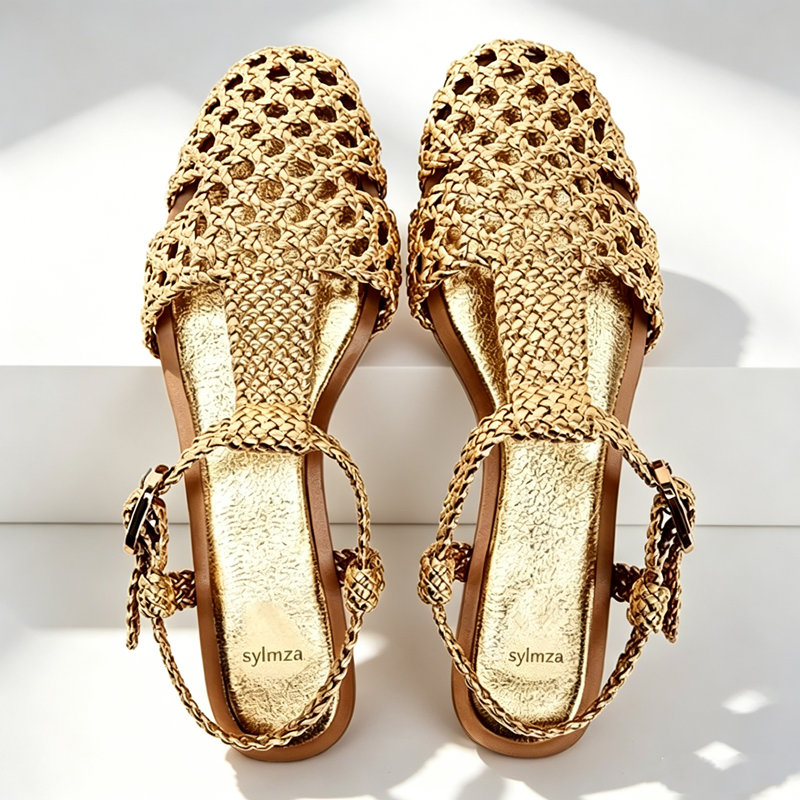 Golden Mesh Woven Flat Sandals - đánh giá và giá Mesh Strap Metal