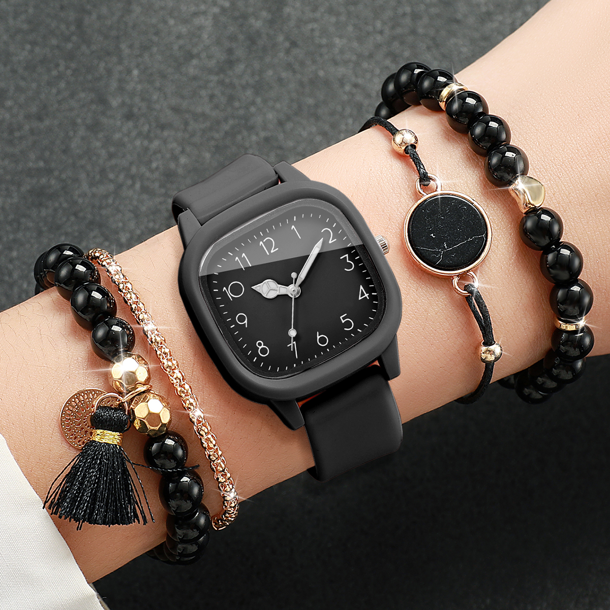 5PCS Fashion Square Women Watc - đánh giá và giá Silicone Band Women